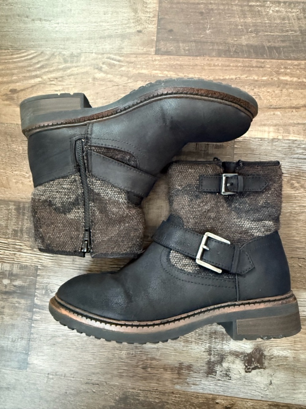 Women's Black Leather and Tweed Ankle Boots - Women’s Size 7